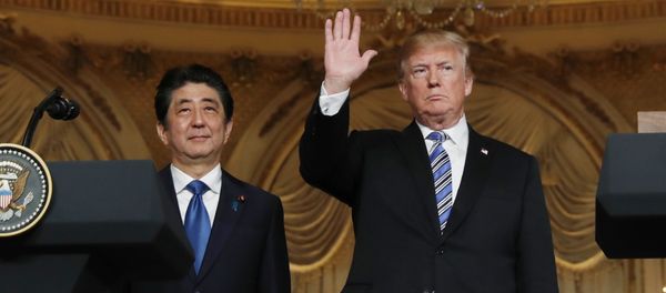 U.S. President Donald Trump (R) waves at the conclusion of a joint press conference with Japan's Prime Minister Shinzo Abe at Trump's Mar-a-Lago estate in Palm Beach, Florida, U.S., April 18, 2018 U.S. President Donald Trump (R) waves at the conclusion of a joint press conference with Japan's Prime Minister Shinzo Abe at Trump's Mar-a-Lago estate in Palm Beach, Florida, U.S., April 18, 2018 - Sputnik International
