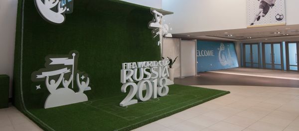 Lobby of Fisht Olympic Stadium in Sochi decorated for the upcoming 2018 FIFA World Cup - Sputnik International