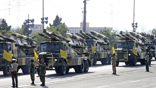 Missiles are on display during a parade marking National Army Day at the mausoleum of the late revolutionary founder Ayatollah Khomeini, just outside Tehran, Iran, Wednesday, April 18, 2018. - Sputnik International