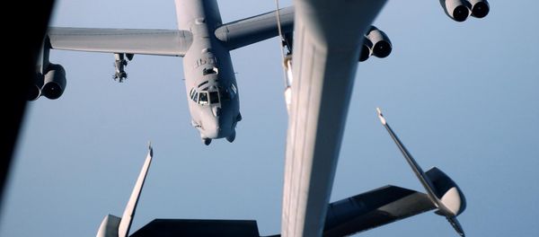 (File) A B-52 Stratofortress from the 28th Air Expeditionary Wing moving in to refuel from a KC-10 Extender, from the 60th Air Expeditionary Group 30 October on its way back to Diego Garcia after a successful bombing mission over Afghanistan - Sputnik International