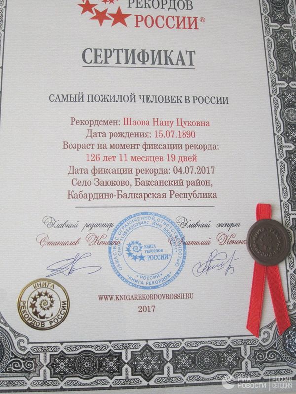 Russian Book of Records certificate recognizing Nanu Shaova as the oldest person in Russia. - Sputnik International