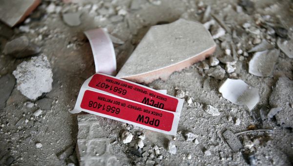 Labels of the Organisation for the Prohibition of Chemical Weapons (OPCW) are seen iside a damaged house in Douma in Damascus, Syria April 23, 2018 Labels of the Organisation for the Prohibition of Chemical Weapons (OPCW) are seen iside a damaged house in Douma in Damascus, Syria April 23, 2018 - Sputnik International