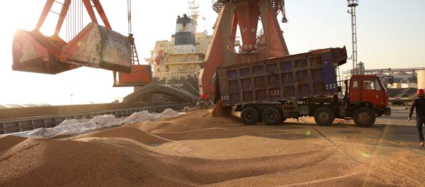 Workers transport imported soybeans at a port in Nantong, Jiangsu province, China April 9, 2018 - Sputnik International