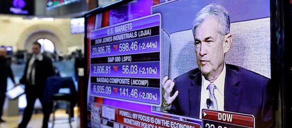 Federal Reserve Chairman Jerome Powell's speech at The Economic Club of Chicago, appears on a screen on the floor of the New York Stock Exchange, Friday, April 6, 2018 Federal Reserve Chairman Jerome Powell's speech at The Economic Club of Chicago, appears on a screen on the floor of the New York Stock Exchange, Friday, April 6, 2018 - Sputnik International