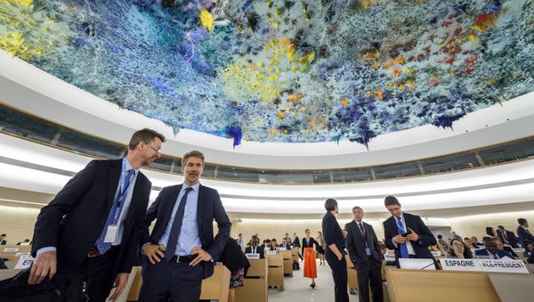 Delegates gather prior to the opening of a special session of the United Nations (UN) Human Rights Council to discuss the deteriorating human rights situation in the Palestinian Territories, after Israeli forces killed 60 Palestinians, on May 18, 2018 in Geneva Delegates gather prior to the opening of a special session of the United Nations (UN) Human Rights Council to discuss the deteriorating human rights situation in the Palestinian Territories, after Israeli forces killed 60 Palestinians, on May 18, 2018 in Geneva - Sputnik International