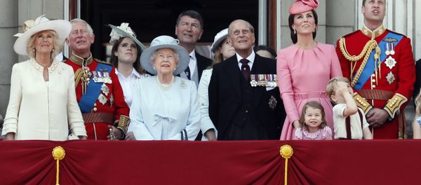 Members of Britain's Royal family from left, Camilla, the Duchess of Cornwall, Prince Charles, Princess Eugenie, Queen Elizabeth II, background Timothy Laurence, Princess Beatrice, Prince Philip, Kate, the Duchess of Cambridge, Princess Charlotte, Prince George and Prince William watch a fly past as they appear on the balcony of Buckingham Palace, after attending the annual Trooping the Colour Ceremony in London, Saturday, June 17, 2017 Members of Britain's Royal family from left, Camilla, the Duchess of Cornwall, Prince Charles, Princess Eugenie, Queen Elizabeth II, background Timothy Laurence, Princess Beatrice, Prince Philip, Kate, the Duchess of Cambridge, Princess Charlotte, Prince George and Prince William watch a fly past as they appear on the balcony of Buckingham Palace, after attending the annual Trooping the Colour Ceremony in London, Saturday, June 17, 2017 - Sputnik International