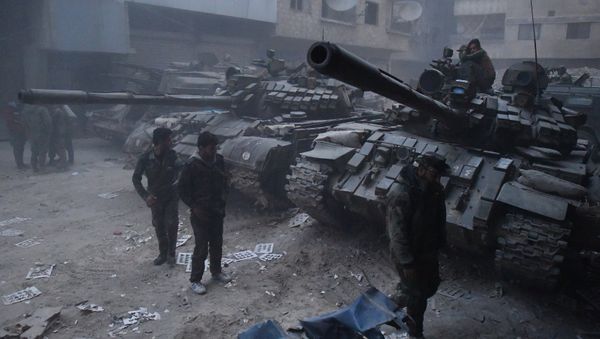 The Syrian Army's tanks in the area of the former Palestinian refugee camp Yarmouk in the southern suburb of Damascus The Syrian Army's tanks in the area of the former Palestinian refugee camp Yarmouk in the southern suburb of Damascus - Sputnik International