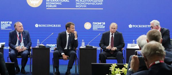President of Russia Vladimir Putin and President of France Emmanuel Macron, second, left, during Russia-France Business Dialogue held as part of the St. Petersburg International Economic Forum. Left: President of the Movement of the Enterprises of France (MEDEF) Pierre Gattaz. President of Russia Vladimir Putin and President of France Emmanuel Macron, second, left, during Russia-France Business Dialogue held as part of the St. Petersburg International Economic Forum. Left: President of the Movement of the Enterprises of France (MEDEF) Pierre Gattaz. - Sputnik International
