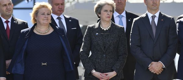 Norway's Prime Minister Erna Solberg, British Prime Minister Theresa May, Canadian Prime Minister Justin Trudeau, from left, look on as U.S. President Donald Trump speaks during ceremony at NATO headquarters at the NATO summit in Brussels on Thursday, May 25, 2017. Norway's Prime Minister Erna Solberg, British Prime Minister Theresa May, Canadian Prime Minister Justin Trudeau, from left, look on as U.S. President Donald Trump speaks during ceremony at NATO headquarters at the NATO summit in Brussels on Thursday, May 25, 2017. - Sputnik International