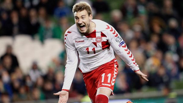 In this Tuesday, 14 November 2017 photo, Denmark's Nicklas Bendtner celebrates after scoring his team's fifth goal during the World Cup qualifying play off second leg match between Ireland and Denmark at Aviva Stadium in Dublin, Ireland - Sputnik International