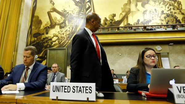 U.S. Ambassador Robert Wood walks out in protest at Syria's presidency of the Conference on Disarmament at the United Nations in Geneva in Geneva, Switzerland May 29, 2018 - Sputnik International