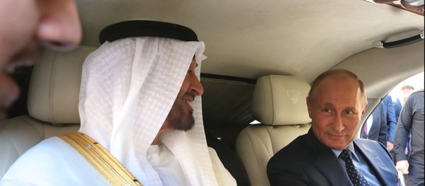June 1, 2018. President Vladimir Putin and Crown Prince of Abu Dhabi Mohammed bin Zayed Al Nahyan second left, in the Kortezh vehicle of the presidential escort, during a meeting - Sputnik International