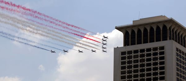 Egyptian jet fighters trail smoke as they fly over the capital Cairo on June 2, 2018, during the inauguration of the Egyptian President Abdel Fattah al-Sisi for a second four-year term in office during a special parliament session Egyptian jet fighters trail smoke as they fly over the capital Cairo on June 2, 2018, during the inauguration of the Egyptian President Abdel Fattah al-Sisi for a second four-year term in office during a special parliament session - Sputnik International