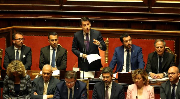 Newly appointed Italian Prime Minister Giuseppe Conte speaks next to Interior Minister Matteo Salvini, Minister of Labor and Industry Luigi Di Maio, Minister of Justice Alfonso Bonafede and Foreign Minister Enzo Moavero Milanesi during his first session at the Senate in Rome, Italy, June 5, 2018 Newly appointed Italian Prime Minister Giuseppe Conte speaks next to Interior Minister Matteo Salvini, Minister of Labor and Industry Luigi Di Maio, Minister of Justice Alfonso Bonafede and Foreign Minister Enzo Moavero Milanesi during his first session at the Senate in Rome, Italy, June 5, 2018 - Sputnik International