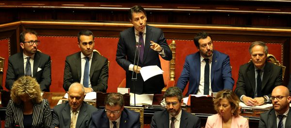 Newly appointed Italian Prime Minister Giuseppe Conte speaks next to Interior Minister Matteo Salvini, Minister of Labor and Industry Luigi Di Maio, Minister of Justice Alfonso Bonafede and Foreign Minister Enzo Moavero Milanesi during his first session at the Senate in Rome, Italy, June 5, 2018 Newly appointed Italian Prime Minister Giuseppe Conte speaks next to Interior Minister Matteo Salvini, Minister of Labor and Industry Luigi Di Maio, Minister of Justice Alfonso Bonafede and Foreign Minister Enzo Moavero Milanesi during his first session at the Senate in Rome, Italy, June 5, 2018 - Sputnik International