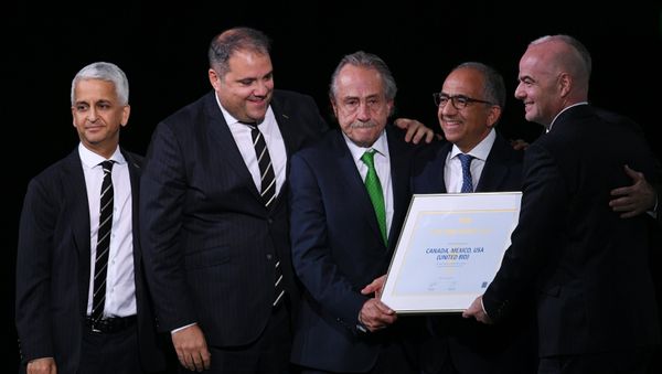 Member of the FIFA executive committee Sunil Gulati, president of the Football Confederation of the North and Central America and the Caribbean (CONCACAF) Victor Montaliani, President of the Mexican Football Association Justino Compean, President of the US Football Association Carlos Cordeiro, FIFA President Gianni Infantino (from left to right) at the 68th Congress of the International Football Federation. Congress decided to hold the World Cup in football in 2026 in Mexico, the US and Canada. - Sputnik International