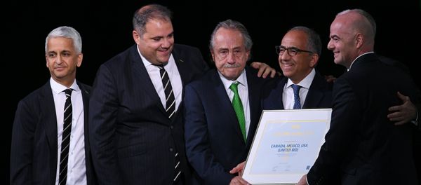 Member of the FIFA executive committee Sunil Gulati, president of the Football Confederation of the North and Central America and the Caribbean (CONCACAF) Victor Montaliani, President of the Mexican Football Association Justino Compean, President of the US Football Association Carlos Cordeiro, FIFA President Gianni Infantino (from left to right) at the 68th Congress of the International Football Federation. Congress decided to hold the World Cup in football in 2026 in Mexico, the US and Canada. Member of the FIFA executive committee Sunil Gulati, president of the Football Confederation of the North and Central America and the Caribbean (CONCACAF) Victor Montaliani, President of the Mexican Football Association Justino Compean, President of the US Football Association Carlos Cordeiro, FIFA President Gianni Infantino (from left to right) at the 68th Congress of the International Football Federation. Congress decided to hold the World Cup in football in 2026 in Mexico, the US and Canada. - Sputnik International