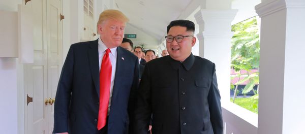 U.S. President Donald Trump walks with North Korean leader Kim Jong Un at the Capella Hotel on Sentosa island in Singapore in this picture released on June 12, 2018 by North Korea's Korean Central News Agency U.S. President Donald Trump walks with North Korean leader Kim Jong Un at the Capella Hotel on Sentosa island in Singapore in this picture released on June 12, 2018 by North Korea's Korean Central News Agency - Sputnik International