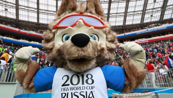 The official mascot of the FIFA World Cup 2018 wolf Zabivaka during the break of the match of the group stage of the World Cup between Russian and Saudi Arabian national teams - Sputnik International
