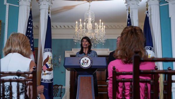 U.S. Ambassador to the United Nations Nikki Haley delivers remarks to the press together with U.S. Secretary of State Mike Pompeo, announcing the U.S.'s withdrawal from the U.N's Human Rights Council at the Department of State in Washington, U.S., June 19, 2018 - Sputnik International