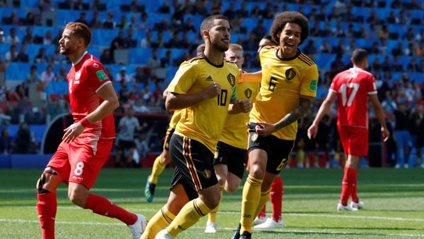 Soccer Football - World Cup - Group G - Belgium vs Tunisia - Spartak Stadium, Moscow, Russia - June 23, 2018 Belgium's Eden Hazard celebrates with Axel Witsel after scoring their first goal Soccer Football - World Cup - Group G - Belgium vs Tunisia - Spartak Stadium, Moscow, Russia - June 23, 2018 Belgium's Eden Hazard celebrates with Axel Witsel after scoring their first goal - Sputnik International