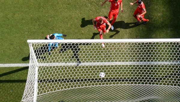 Belgium's goalkeeper Thibaut Courtois misses a goal during the World Cup Group G soccer match between Belgium and Tunisia at the Spartak stadium, in Moscow, Russia, June 23, 2018 - Sputnik International