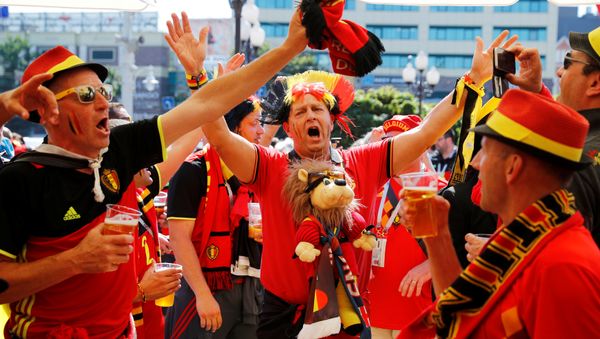 Soccer Football - World Cup - Group G - England vs Belgium - Kaliningrad Stadium, Kaliningrad, Russia - June 28, 2018 Belgium fans outside the stadium before the match - Sputnik International