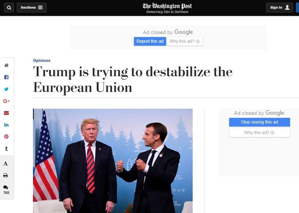 Screengrab of a Washington Post op-ed on Trump's EU-related remarks to Macron. Screengrab of a Washington Post op-ed on Trump's EU-related remarks to Macron. - Sputnik International