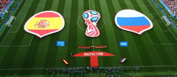 Soccer Football - World Cup - Round of 16 - Spain vs Russia - Luzhniki Stadium, Moscow, Russia - July 1, 2018 General view of both teams and officials lined up before the match - Sputnik International