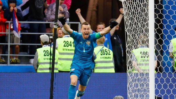 Soccer Football - World Cup - Round of 16 - Spain vs Russia - Luzhniki Stadium, Moscow, Russia - July 1, 2018 Russia's Igor Akinfeev celebrates winning the penalty shootout Soccer Football - World Cup - Round of 16 - Spain vs Russia - Luzhniki Stadium, Moscow, Russia - July 1, 2018 Russia's Igor Akinfeev celebrates winning the penalty shootout - Sputnik International
