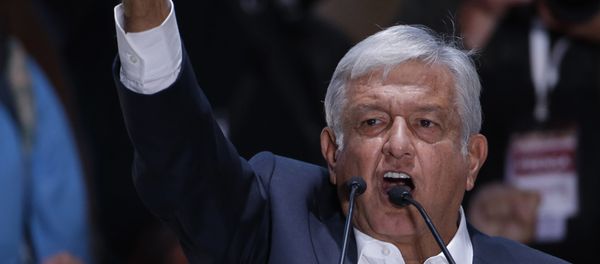 Presidential candidate Andres Manuel Lopez Obrador delivers his victory speech in Mexico City's main square, the Zocalo, late Sunday, July 1, 2018. Presidential candidate Andres Manuel Lopez Obrador delivers his victory speech in Mexico City's main square, the Zocalo, late Sunday, July 1, 2018. - Sputnik International