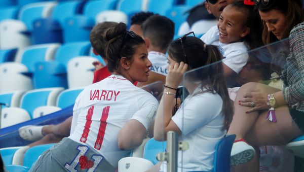 Soccer Football - World Cup - Group G - England vs Belgium - Kaliningrad Stadium, Kaliningrad, Russia - June 28, 2018 Rebekah Vardy, wife of England's Jamie Vardy, in the stands before the match - Sputnik International
