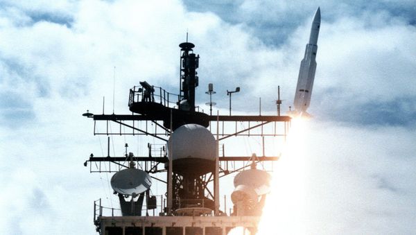  US Navy (USN) Ticonderoga Class Cruiser USS VINCENNES (CG 49) launching a Standard Missile-2 (SM-2) Medium Range (MR) from its deck. File photo - Sputnik International