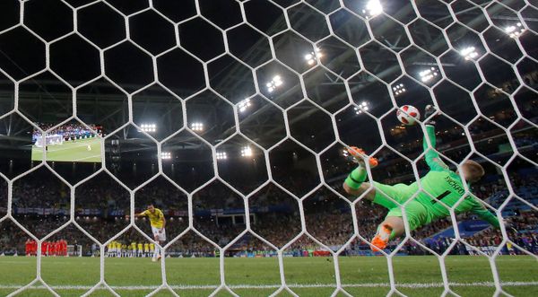 Soccer Football - World Cup - Round of 16 - Colombia vs England - Spartak Stadium, Moscow, Russia - July 3, 2018 England's Jordan Pickford saves Colombia's Carlos Bacca penalty during the shootout Soccer Football - World Cup - Round of 16 - Colombia vs England - Spartak Stadium, Moscow, Russia - July 3, 2018 England's Jordan Pickford saves Colombia's Carlos Bacca penalty during the shootout - Sputnik International