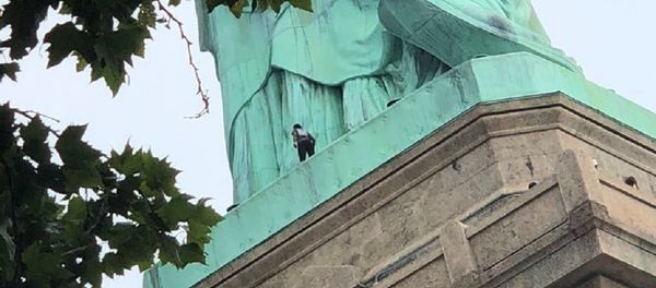A protester is seen on the Statue of Liberty in New York, New York, U.S., July 4, 2018 in this picture obtained from social media A protester is seen on the Statue of Liberty in New York, New York, U.S., July 4, 2018 in this picture obtained from social media - Sputnik International
