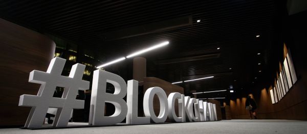 Giant letters, reading the word blockchain are displayed at the blockchain centre, which aims at boosting start-ups, on February 7, 2018 in Lithuania's capital Vilnius - Sputnik International