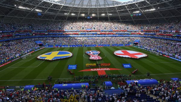 Sweden's and England's players listen to the national anthem before the start of the World Cup quarterfinal soccer match between Sweden and England, outside the Samara Arena, in Samara, Russia, July 7, 2018 Sweden's and England's players listen to the national anthem before the start of the World Cup quarterfinal soccer match between Sweden and England, outside the Samara Arena, in Samara, Russia, July 7, 2018 - Sputnik International