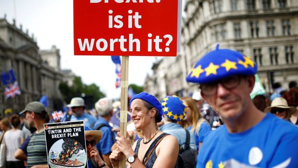 A woman holds a placard as she joins EU supporters, calling on the government to give Britons a vote on the final Brexit deal, participating in the 'People's Vote' march in central London, Britain June 23, 2018 A woman holds a placard as she joins EU supporters, calling on the government to give Britons a vote on the final Brexit deal, participating in the 'People's Vote' march in central London, Britain June 23, 2018 - Sputnik International