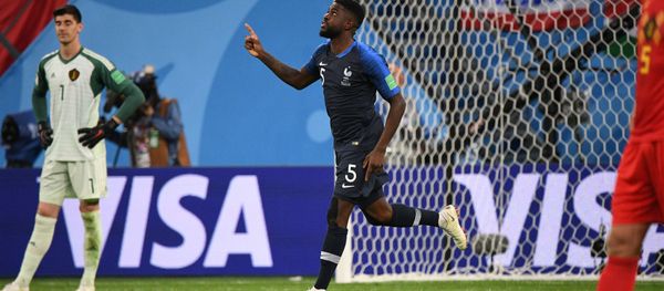 France's Umtiti after scoring goal in World Cup's semifinals match against Belgium on July 10, 2018. Saint Petersburg, Russia. France's Umtiti after scoring goal in World Cup's semifinals match against Belgium on July 10, 2018. Saint Petersburg, Russia. - Sputnik International