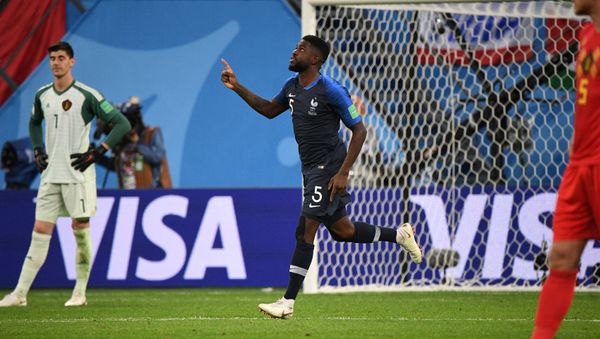France's Umtiti after scoring goal in World Cup's semifinals match against Belgium on July 10, 2018. Saint Petersburg, Russia. France's Umtiti after scoring goal in World Cup's semifinals match against Belgium on July 10, 2018. Saint Petersburg, Russia. - Sputnik International