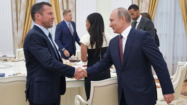 July 6, 2018. Russian President Vladimir Putin during a meeting with world football legends. Left - German footballer Lothar Matthaus July 6, 2018. Russian President Vladimir Putin during a meeting with world football legends. Left - German footballer Lothar Matthaus - Sputnik International