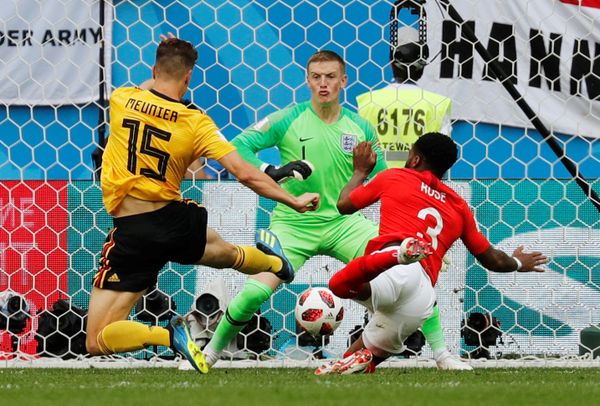 Soccer Football - World Cup - Third Place Play Off - Belgium v England - Saint Petersburg Stadium, Saint Petersburg, Russia - July 14, 2018 Belgium's Thomas Meunier scores their first goal  - Sputnik International