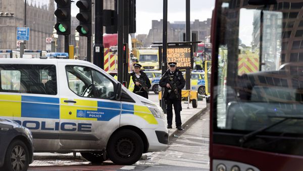 Police officers cordon off the territory near the UK Parliament in London where an assailant attacked a police officer and pedestrians. - Sputnik International