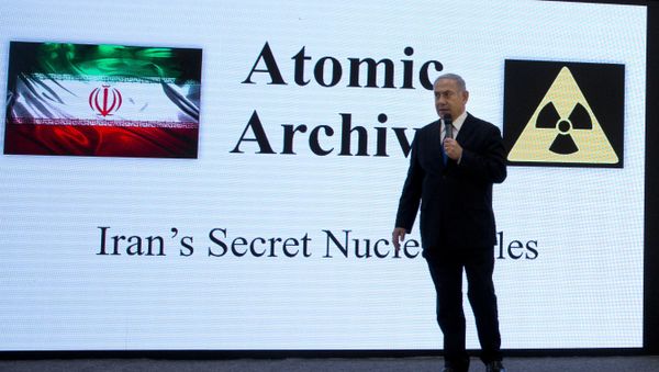 April 30 2018, file photo, Israeli Prime Minister Benjamin Netanyahu presents material on Iran’s purported nuclear program in Tel Aviv - Sputnik International