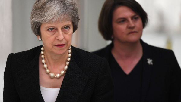 Britain's Prime Minister Theresa May and Arlene Foster, the leader of the Democratic Unionist Party (DUP) visit Belleek Pottery, in St Belleek, Fermanagh, Northern Ireland, July 19, 2018. - Sputnik International
