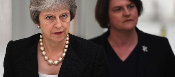 Britain's Prime Minister Theresa May and Arlene Foster, the leader of the Democratic Unionist Party (DUP) visit Belleek Pottery, in St Belleek, Fermanagh, Northern Ireland, July 19, 2018. - Sputnik International