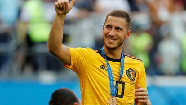 Soccer Football - World Cup - Third Place Play Off - Belgium v England - Saint Petersburg Stadium, Saint Petersburg, Russia - July 14, 2018 Belgium's Eden Hazard celebrates with a medal after the match - Sputnik International