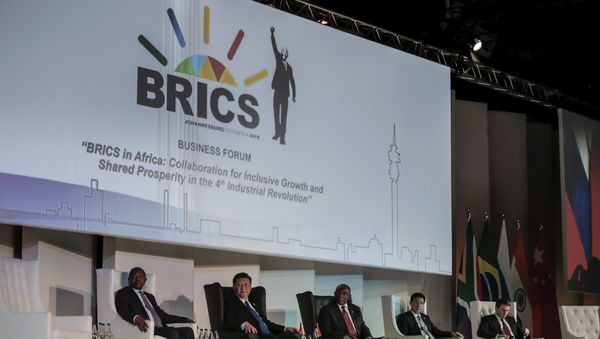 (FromL) Deputy President of South Africa David Mabuza, President of China Xi Jinping, President of the Republic of South Africa Cyril Ramaphosa attend a Business Forum organised during the 10th BRICS (acronym for the grouping of the world's leading emerging economies, namely Brazil, Russia, India, China and South Africa) summit at the Sandton Convention Centre in Johannesburg, South Africa on July 25, 2018 (FromL) Deputy President of South Africa David Mabuza, President of China Xi Jinping, President of the Republic of South Africa Cyril Ramaphosa attend a Business Forum organised during the 10th BRICS (acronym for the grouping of the world's leading emerging economies, namely Brazil, Russia, India, China and South Africa) summit at the Sandton Convention Centre in Johannesburg, South Africa on July 25, 2018 - Sputnik International