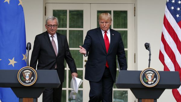President Donald Trump and European Commission president Jean-Claude Juncker arrive to speak in the Rose Garden of the White House, Wednesday, July 25, 2018, in Washington. President Donald Trump and European Commission president Jean-Claude Juncker arrive to speak in the Rose Garden of the White House, Wednesday, July 25, 2018, in Washington. - Sputnik International
