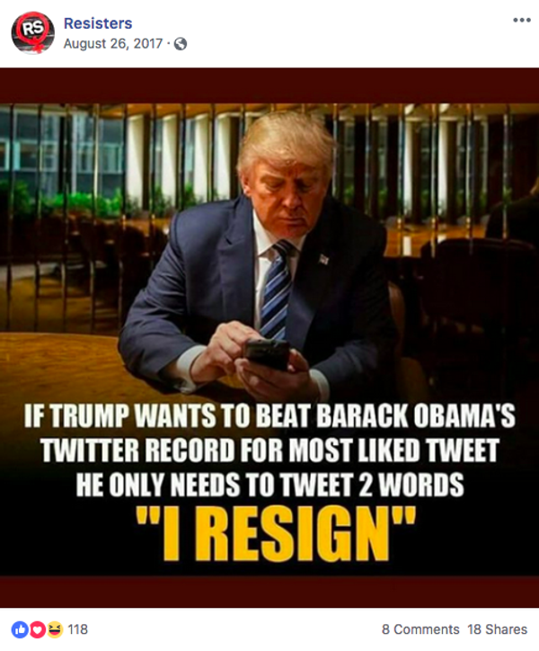 Anti-Trump Facebook post from the Resisters page, which has been accused of being set up by the alleged Russian troll farm Internet Research Agency. Anti-Trump Facebook post from the Resisters page, which has been accused of being set up by the alleged Russian troll farm Internet Research Agency. - Sputnik International